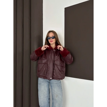 Astar Peluş Detaylı Deri Ceket Bordo