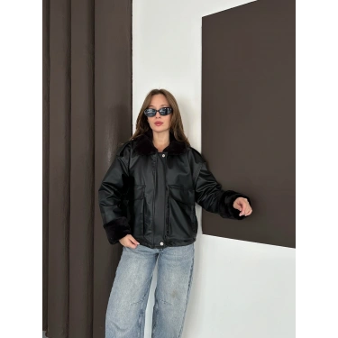 Astar Peluş Detaylı Deri Ceket Siyah