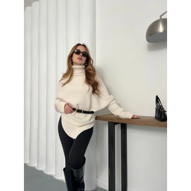 Balıkçı Asimetrik Detay Triko Kazak Bej