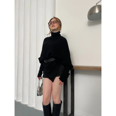 Balıkçı Asimetrik Detay Triko Kazak Siyah