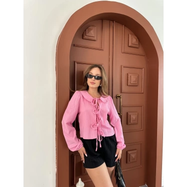 Bebe Yaka Bağlama Detay Keten Gömlek Pembe