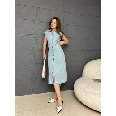Bel Büzgü Detaylı Denim Elbise Mavi