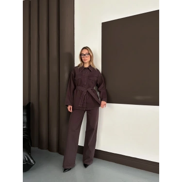 Bel Kuşaklı Denim İkili Set Takım Acı Kahve
