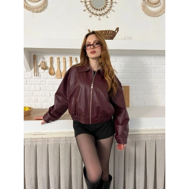 Bel Lastikli Cepli Deri Ceket Bordo