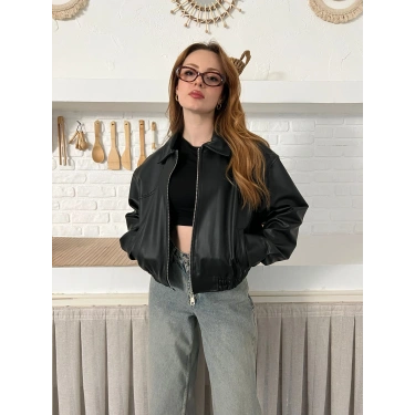 Bel Lastikli Cepli Deri Ceket Siyah