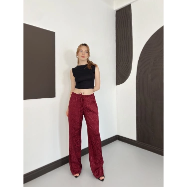 Bel Lastikli Leopar Desen Pantolon Bordo