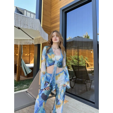 Bel Lastikli Rahat Kalıp Bağlama Detaylı Bikini Üstü Takım MAvi