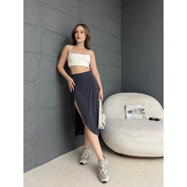 Bel Lastikli Şortlu Etek Füme