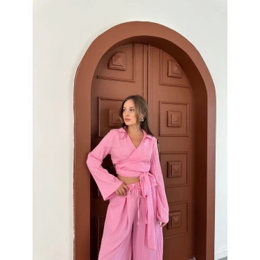Belden Bağlama Detaylı Takım Pembe