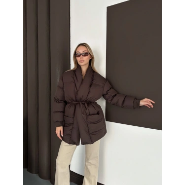 Belden Bağlamalı Cepli Şişme Mont Kahverengi