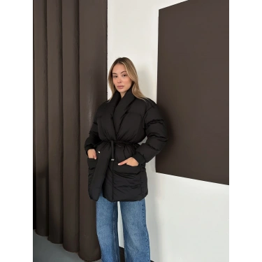 Belden Bağlamalı Cepli Şişme Mont Siyah