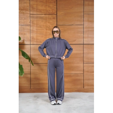 Biye Detaylı Fermuarlı Eşofman Takımı Gri