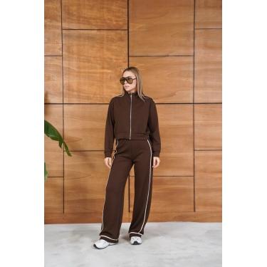 Biye Detaylı Fermuarlı Eşofman Takımı Kahverengi