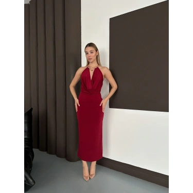 Boyun Eksesuar Detaylı Sandy Dekolte Elbise Bordo