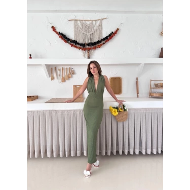 Boyundan Bağlamalı Gofre Elbise Haki