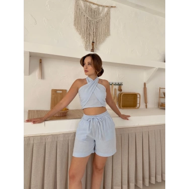 Boyundan Bağlamalı Keten Şortlu Takım Bebe Mavisi