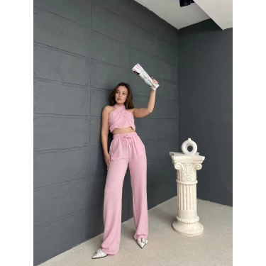 Boyundan Bağlamalı Keten Takım Pembe