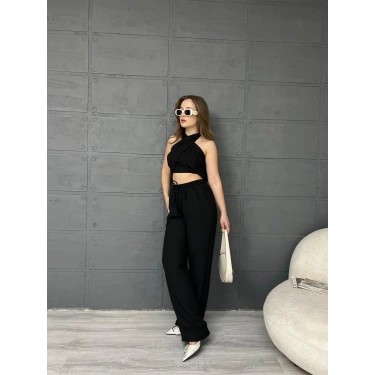 Boyundan Bağlamalı Keten Takım Siyah