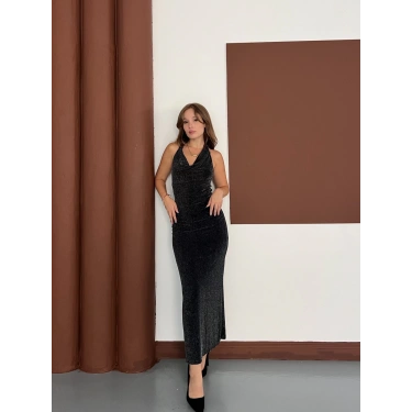 Boyundan Bağlamalı Simli Uzun Elbise Siyah