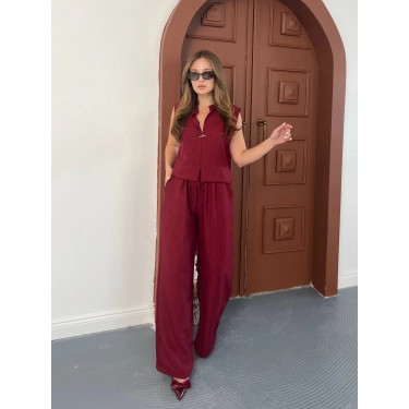 Broş Detaylı Keten Takım Bordo