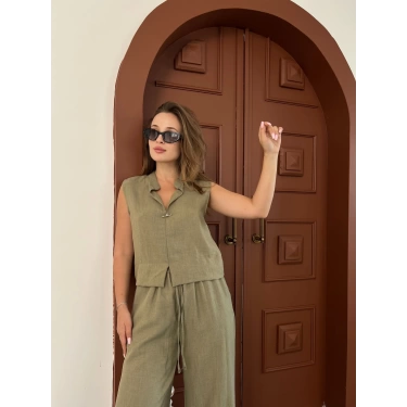 Broş Detaylı Keten Takım Haki