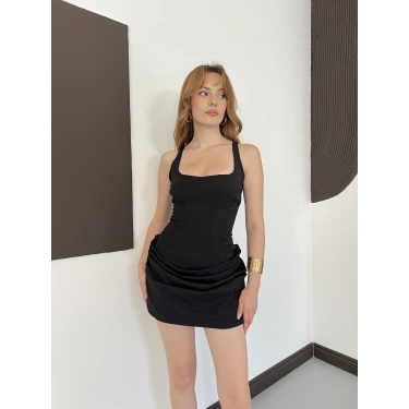 Büzgü Detay Sırt Bağlamalı Mini Elbise Siyah