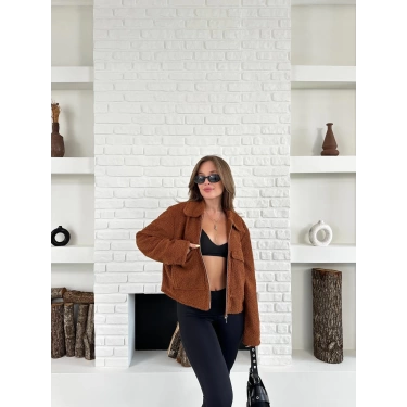 Cep Detay Crop Peluş Ceket Kiremit