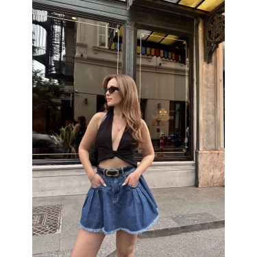 Cep Detaylı Denim Etek Koyu Mavi
