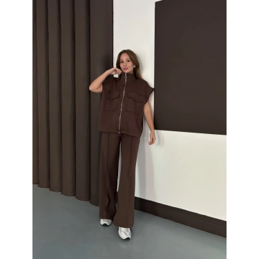 Cep Detaylı Fermuarlı Yarasa Kol Takım Acı Kahve