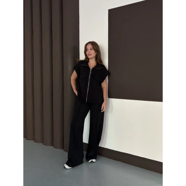 Cep Detaylı Fermuarlı Yarasa Kol Takım Siyah