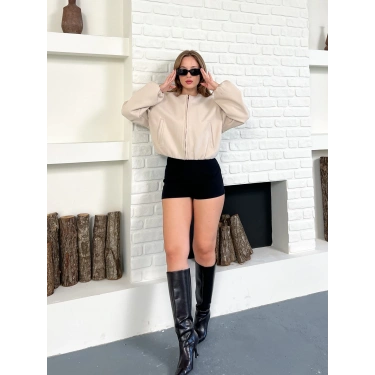 Cep Detaylı Kısa Kaşe Ceket Vizon