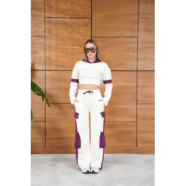 Cep Detaylı Özel Tasarım Eşofman Takımı Beyaz - Mor