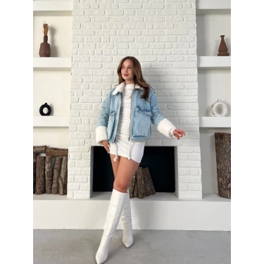 Cep Detaylı Peluş Denim Ceket Mavi