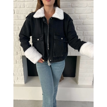 Cep Detaylı Peluş Denim Ceket Siyah