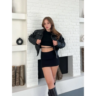 Cep Detaylı Tasarım Deri Ceket Siyah