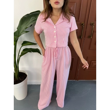 Çizgi Detaylı Pantolonlu Takım Pembe