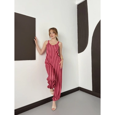 Çizgi Desen Askılı Salaş Tulum Fuşya