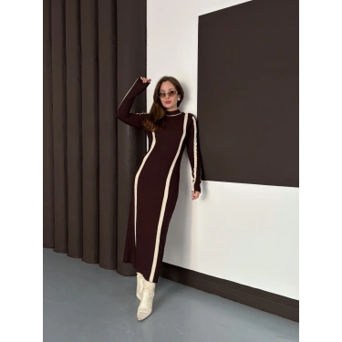 Çizgi Desen Triko Elbise Acı Kahve