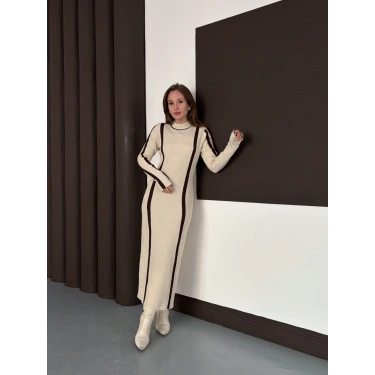 Çizgi Desen Triko Elbise Taş