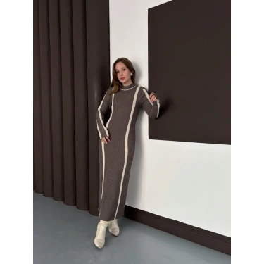 Çizgi Desen Triko Elbise Vizon