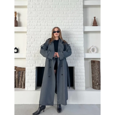 Çizgi Desen Uzun Kaşe Kaban Antrasit