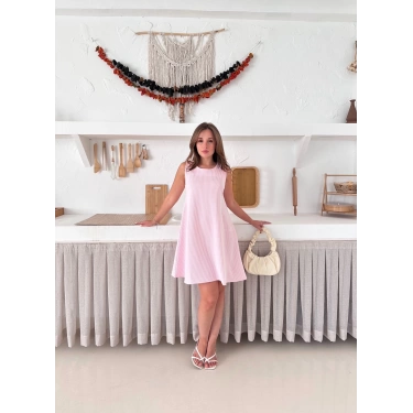 Çizgi Detay Modal Elbise Pembe