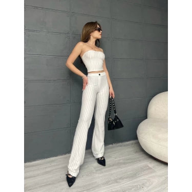 Çizgi Detaylı Croplu Takım Beyaz