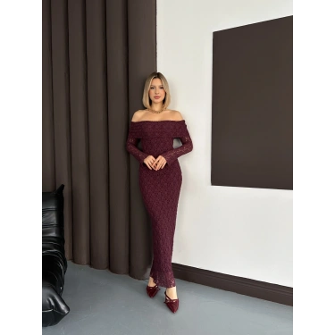 Dantel Madonna Yaka Elbise Mürdüm