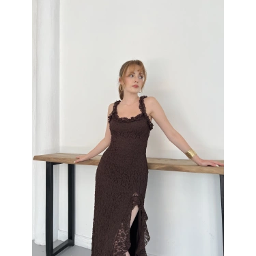Dantelli Midi Elbise Kahve