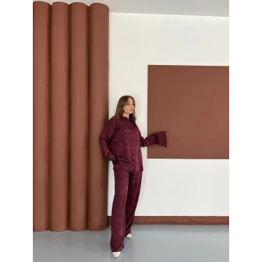 Desenli Gömlek-Pantolon Takım Bordo