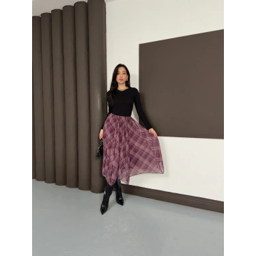 Desenli İçi Astarlı Şifon Etek Bordo