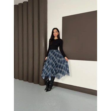 Desenli İçi Astarlı Şifon Etek Lacivert