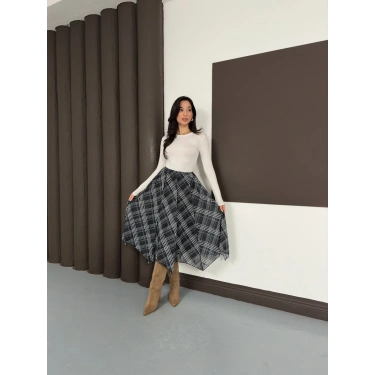 Desenli İçi Astarlı Şifon Etek Siyah