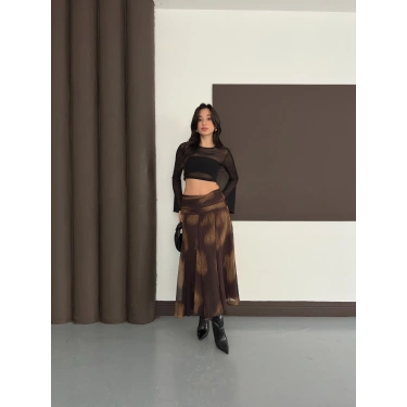 Desenli İçi Astarlı Yan Fermuarlı Şifon Etek Kahve